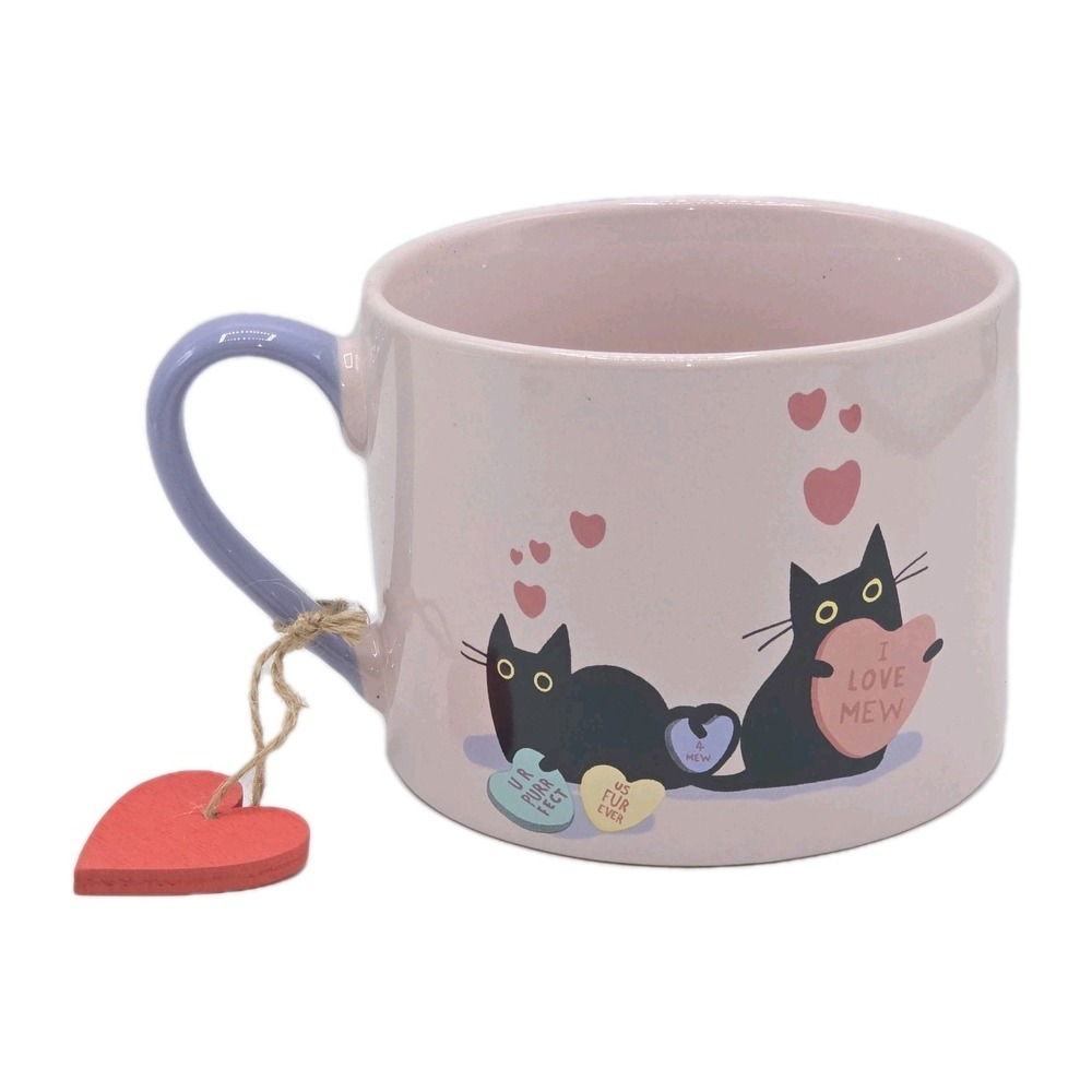 Prima Design Black Cats I LOVE MEW  Pink Ceramic Coffee Mug Double Sided 16oz
